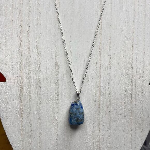 Denim Lapis Lazuli tumble pendant pyrite necklace silver plated blue gold - Picture 7 of 9